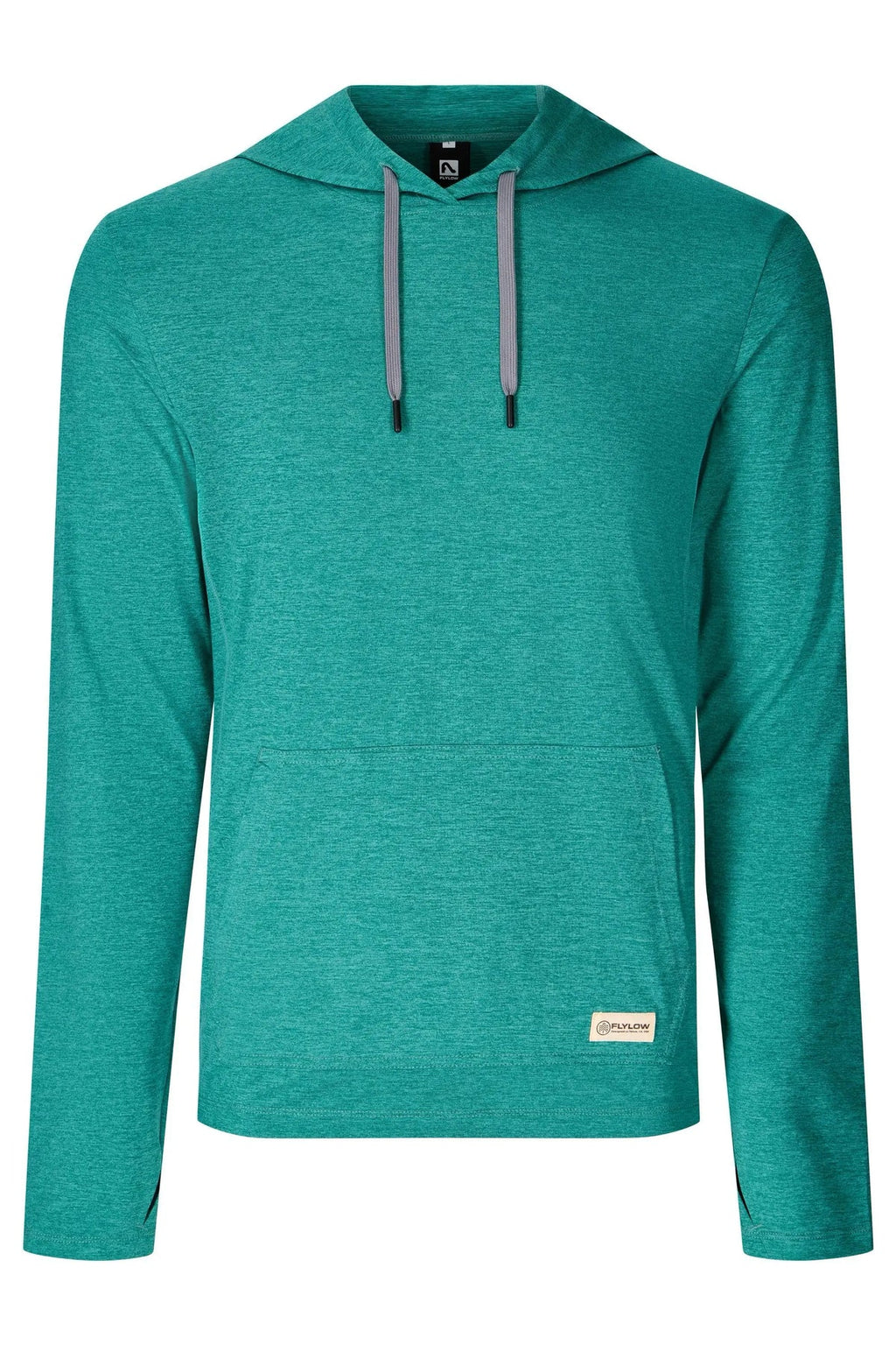 A men's long-sleeve pullover hoodie in heathered teal green, featuring gray drawstrings and a small beige brand patch near the lower hem, shown on a plain white background.