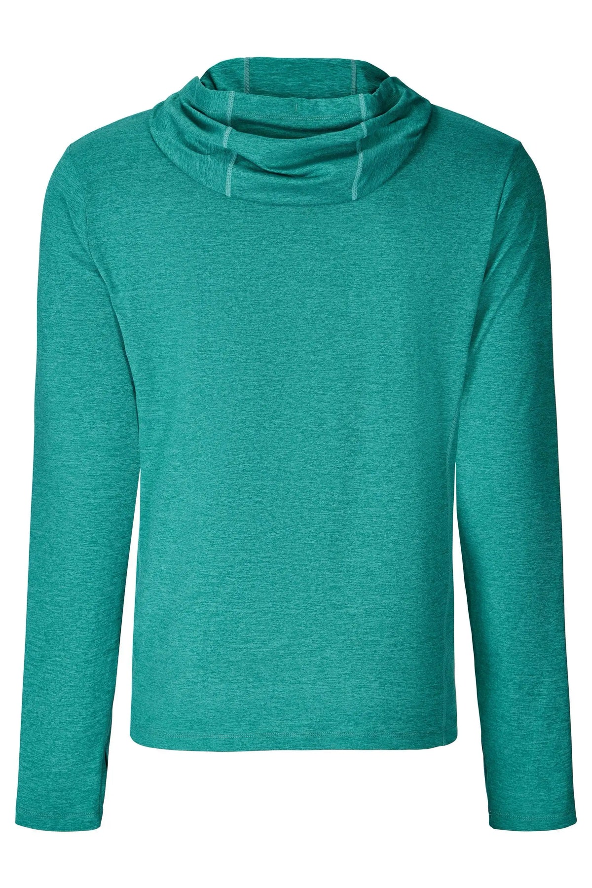 A teal long-sleeve cowl neck top shown against a plain white background.