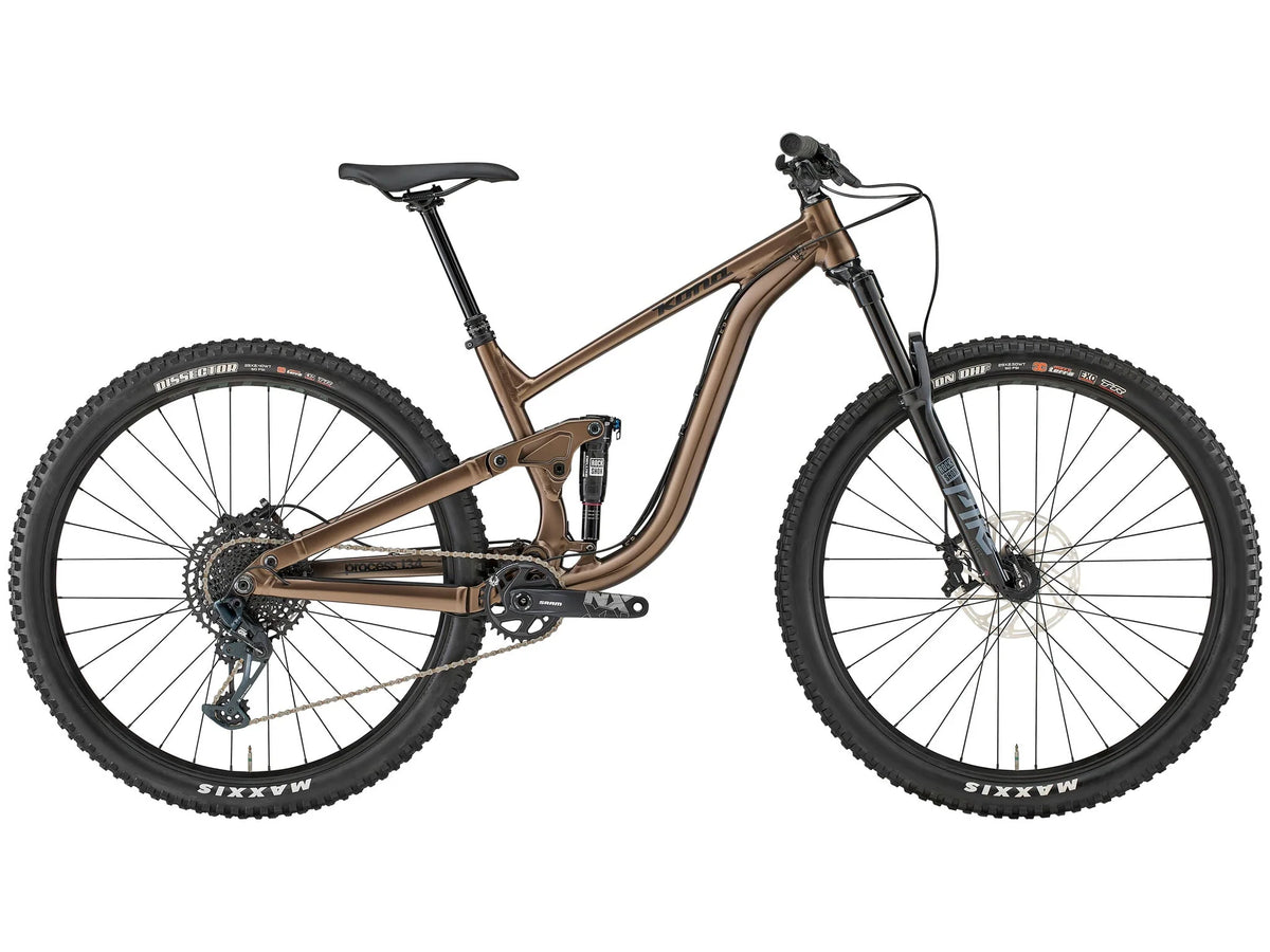 A full-suspension mountain bike in a metallic bronze color, featuring a black suspension fork, black saddle, and knobby Maxxis tires, shown from a side profile on a white background.