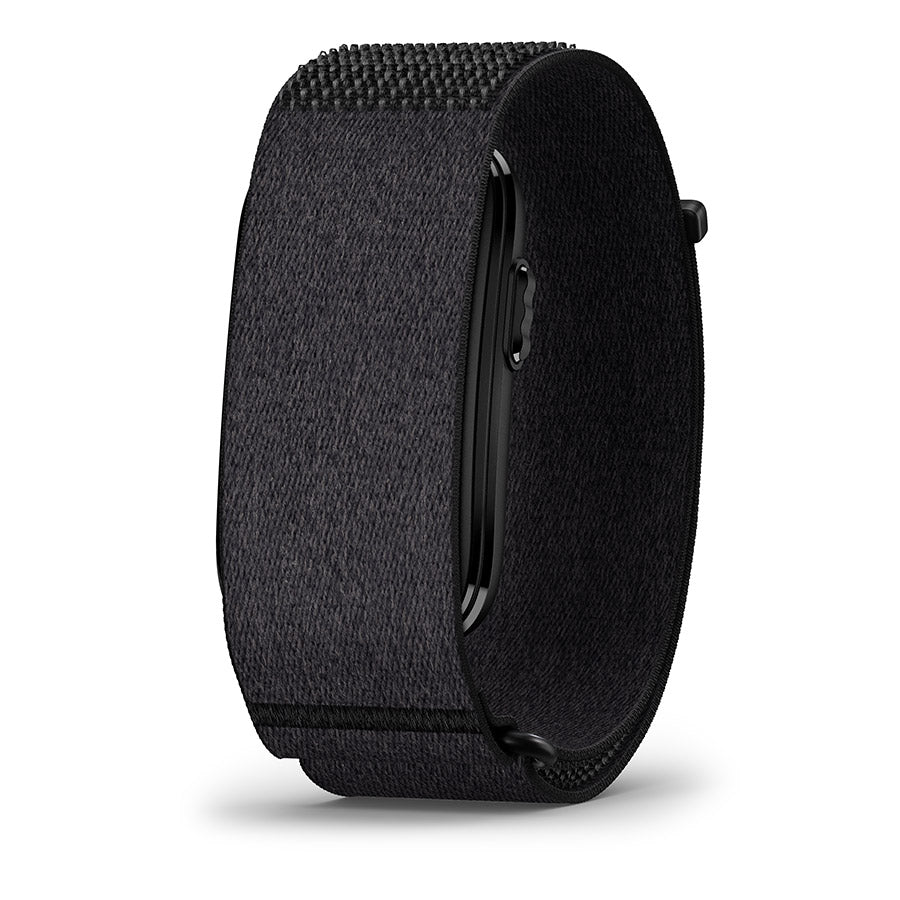 A black textured fabric smartwatch band shown from a side angle on a clean white background.