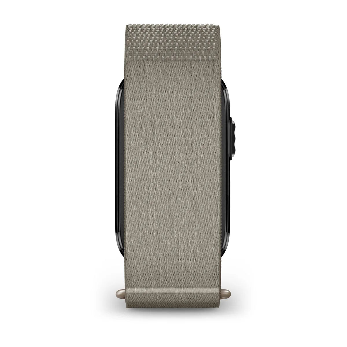 A light gray woven fabric watch band attached to a smartwatch, shown from the side against a plain white background.
