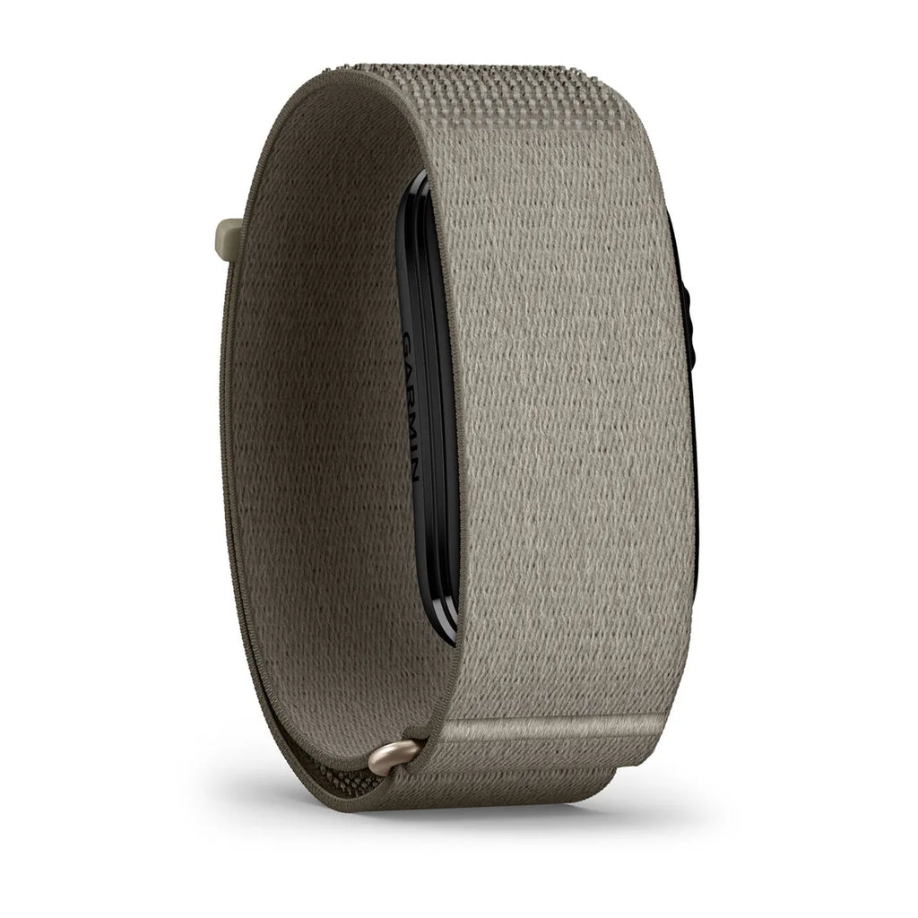A smartwatch band in a textured taupe-gray woven fabric, shown from a side profile view on a white background.