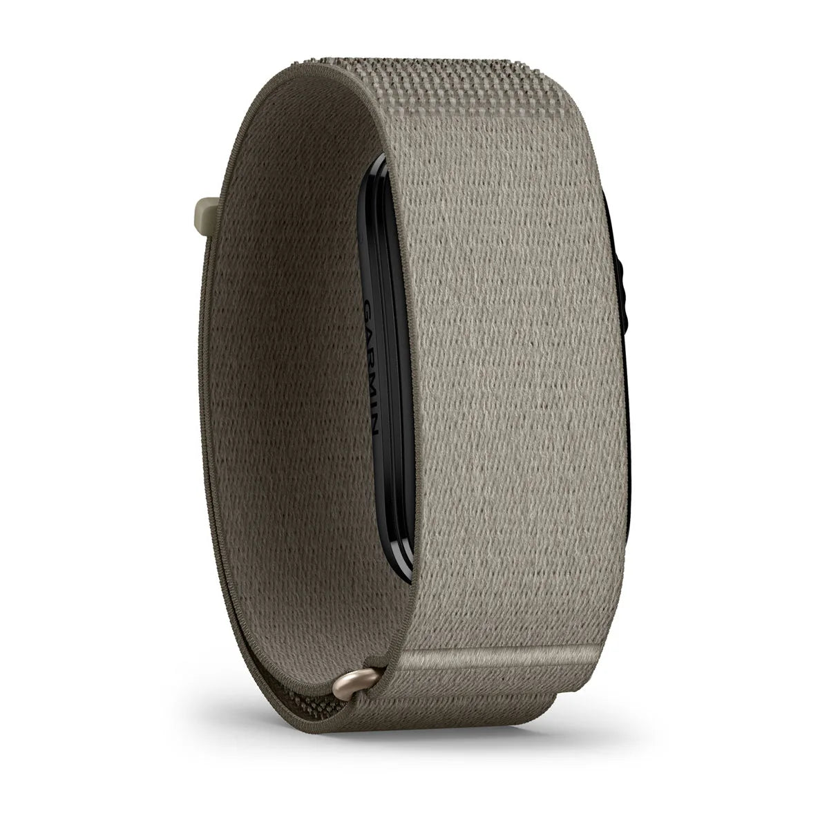 A smartwatch band in a textured taupe-gray woven fabric, shown from a side profile view on a white background.