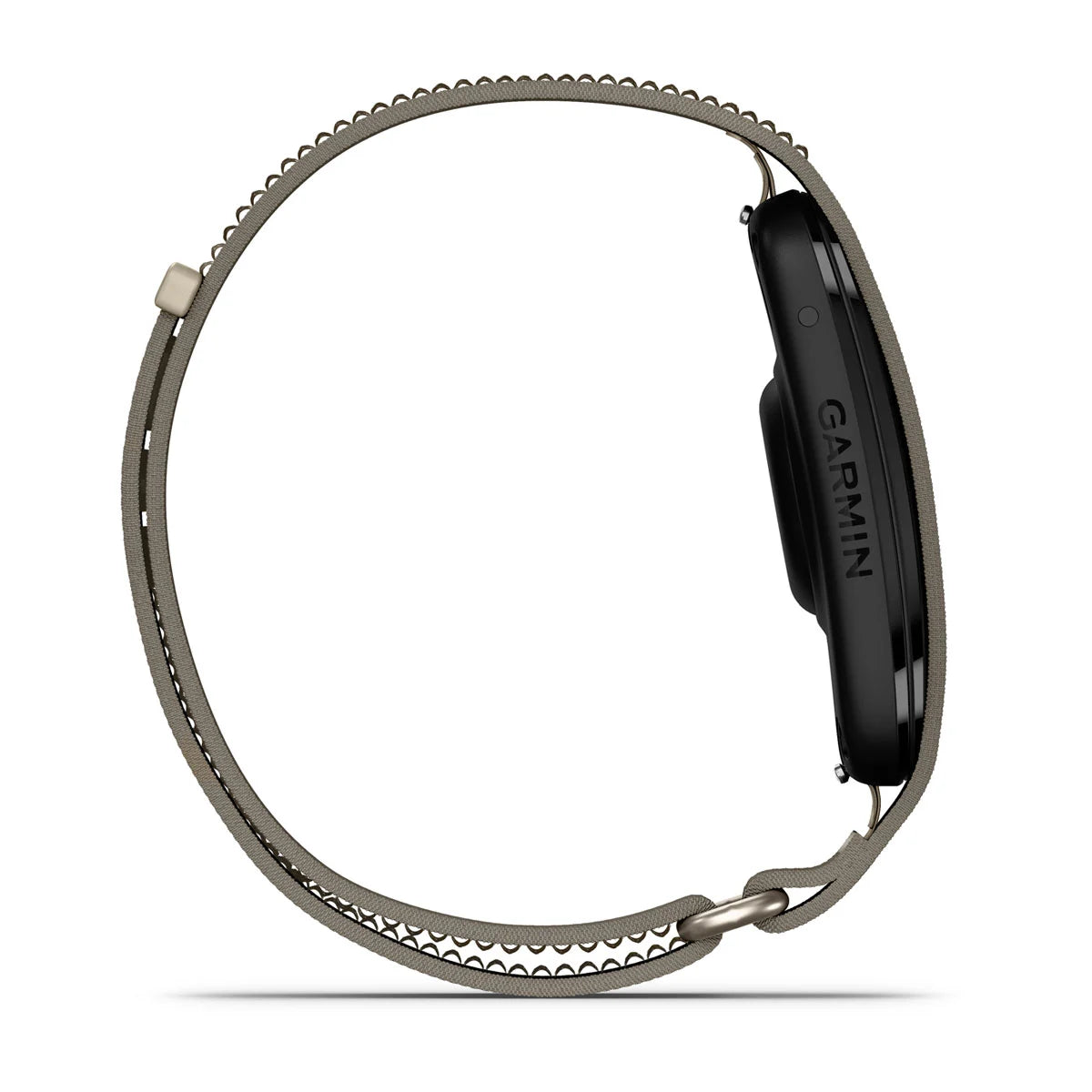 A side profile view of a Garmin smartwatch with a dark gray metallic loop band on a solid white background.
