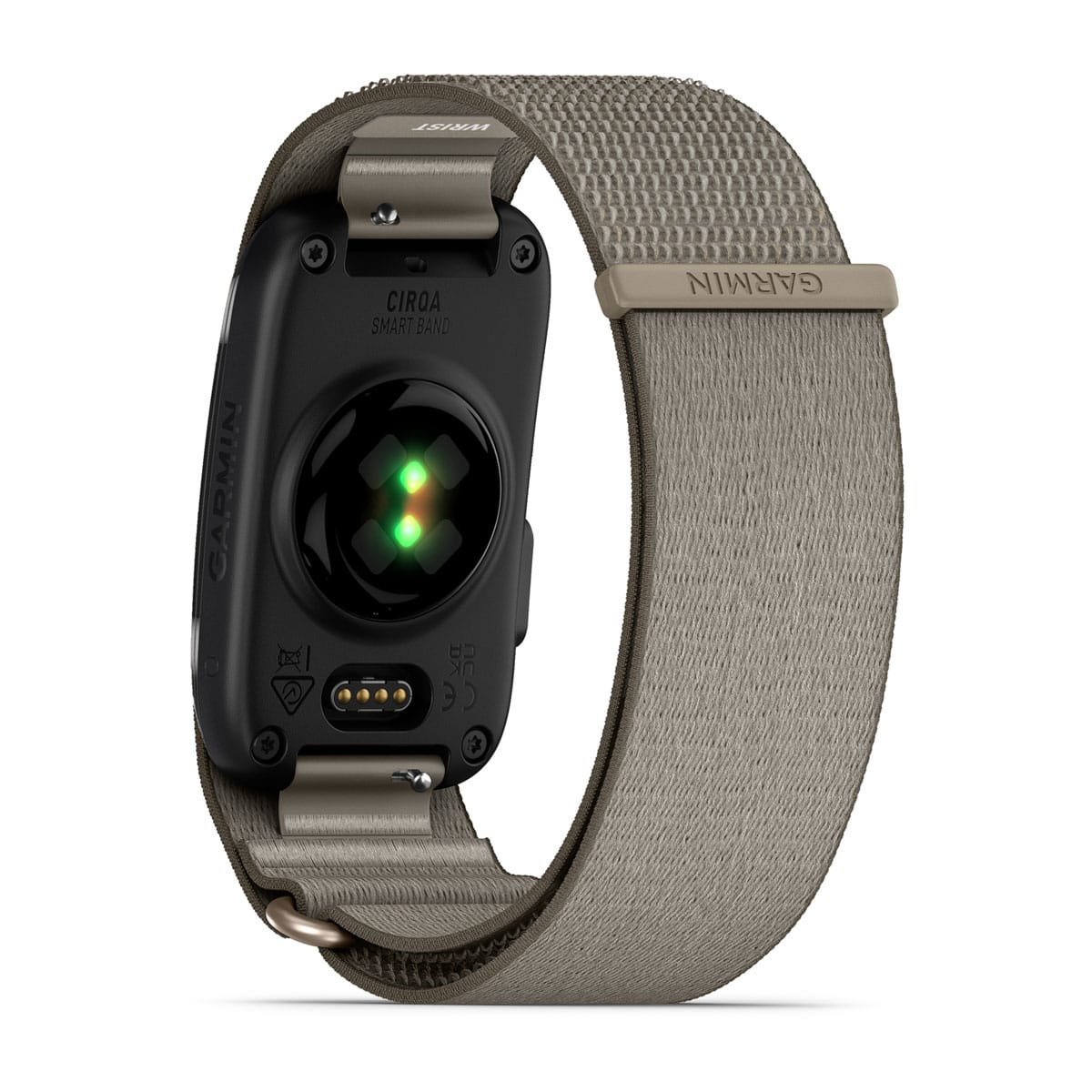 Garmin smartwatch with a black circular heart rate sensor and a textured taupe-gray fabric loop band, shown on a clean white background.