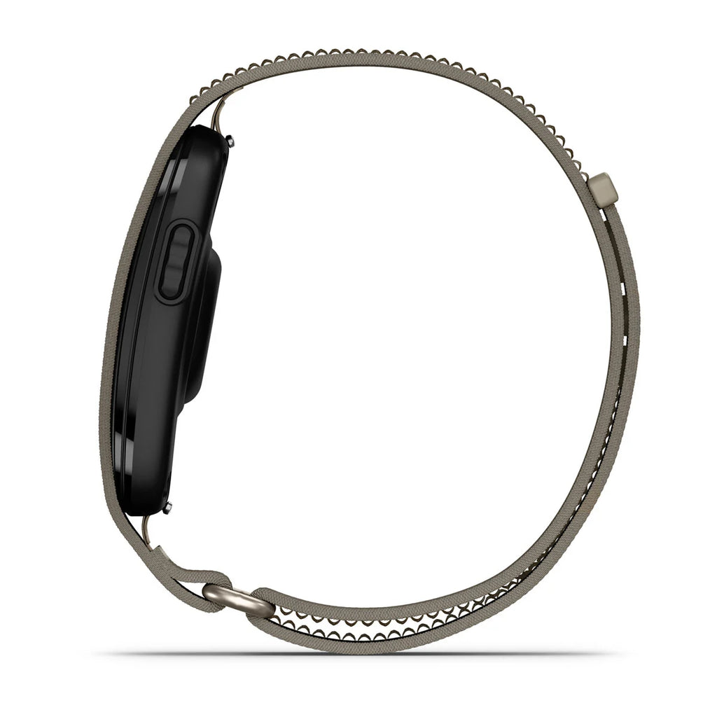 A side profile view of a smartwatch with a dark gray textured silicone strap on a white background.