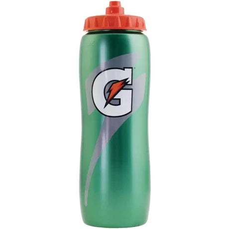A green Gatorade branded water bottle with a red cap, featuring the white and red G logo on a clean white background.