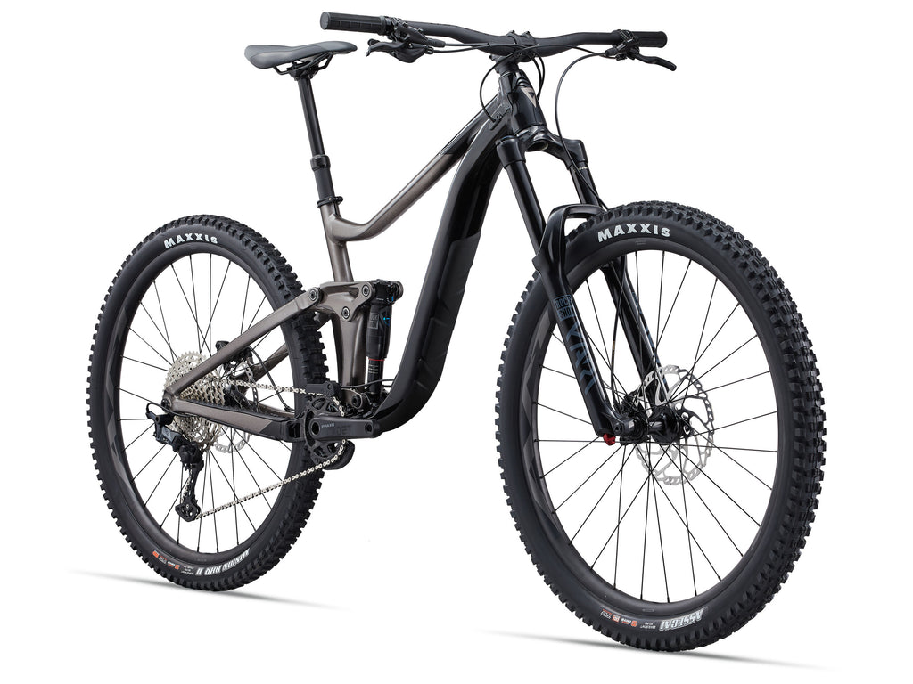 Black mountain bike with Maxxis tires on a white background