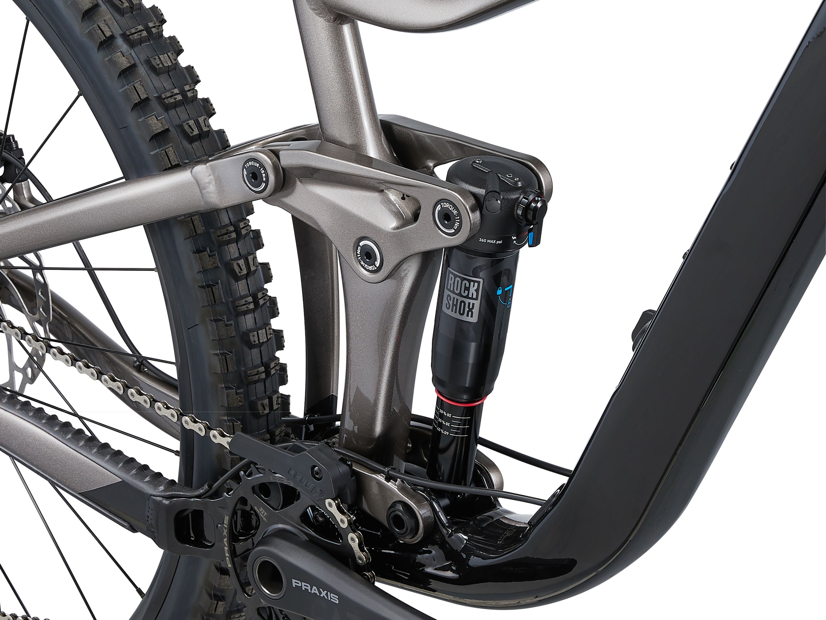 Close-up of a bicycle suspension fork with 'Rock Shox' branding on a white background