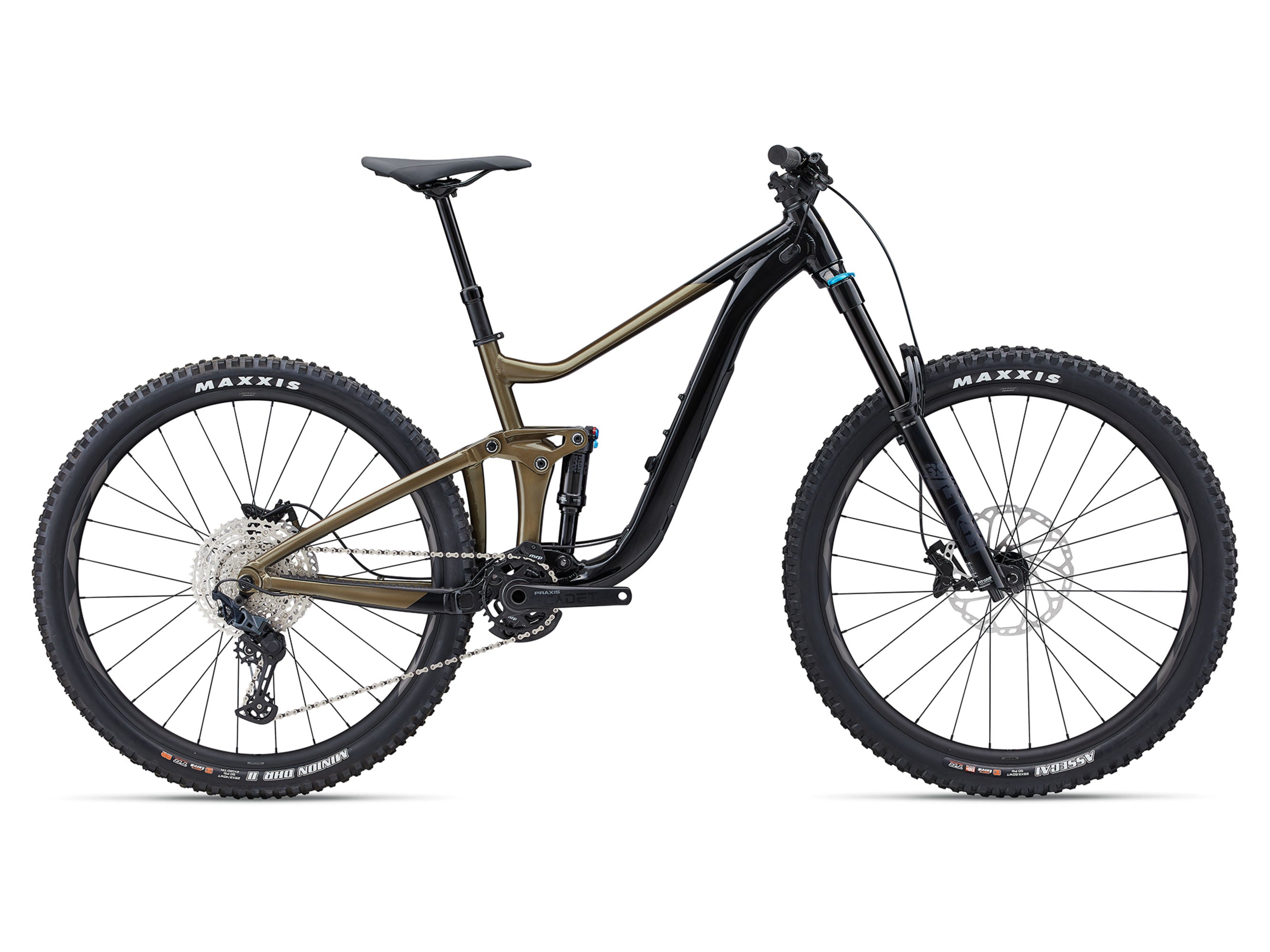 Mountain bike with a black frame and tires on a white background