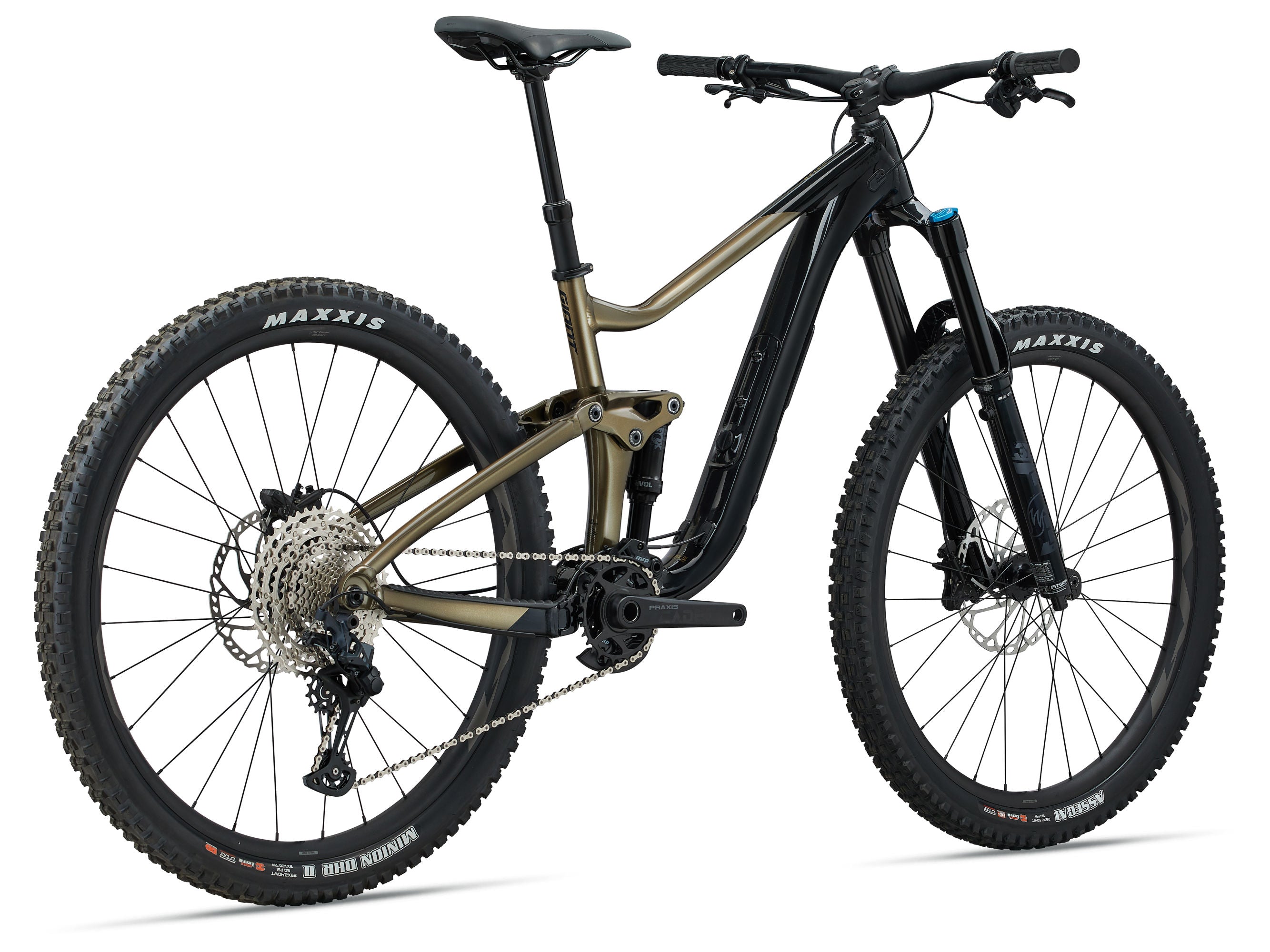 Mountain bike with black frame and tires on a white background
