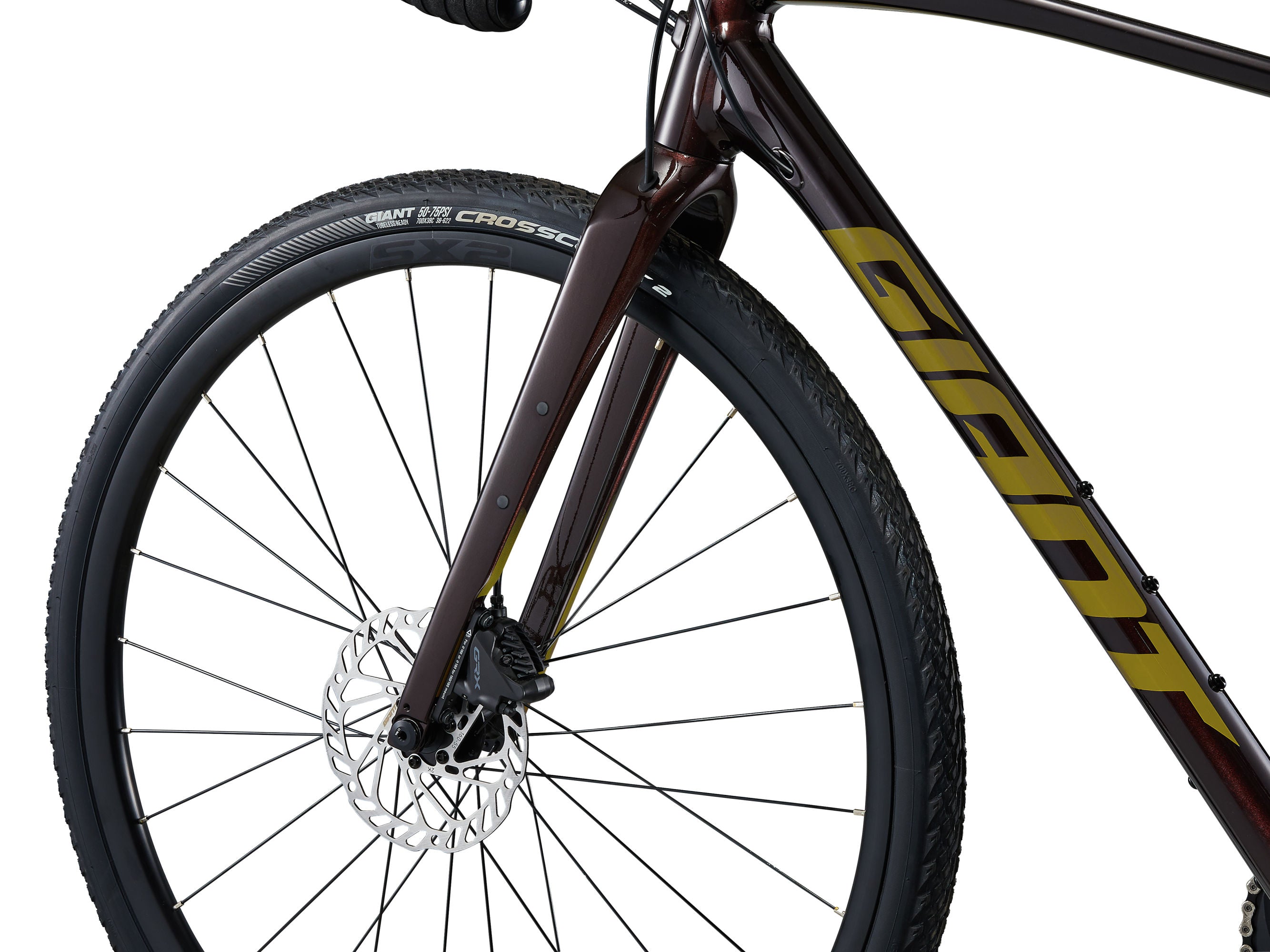 Close-up of a bicycle wheel with 'Giant' branding on a white background
