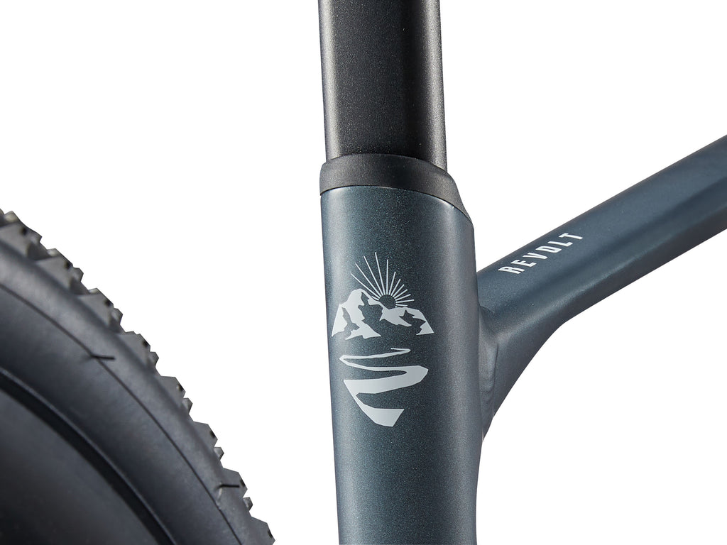 Close-up of a bicycle frame with a logo and brand name on a white background