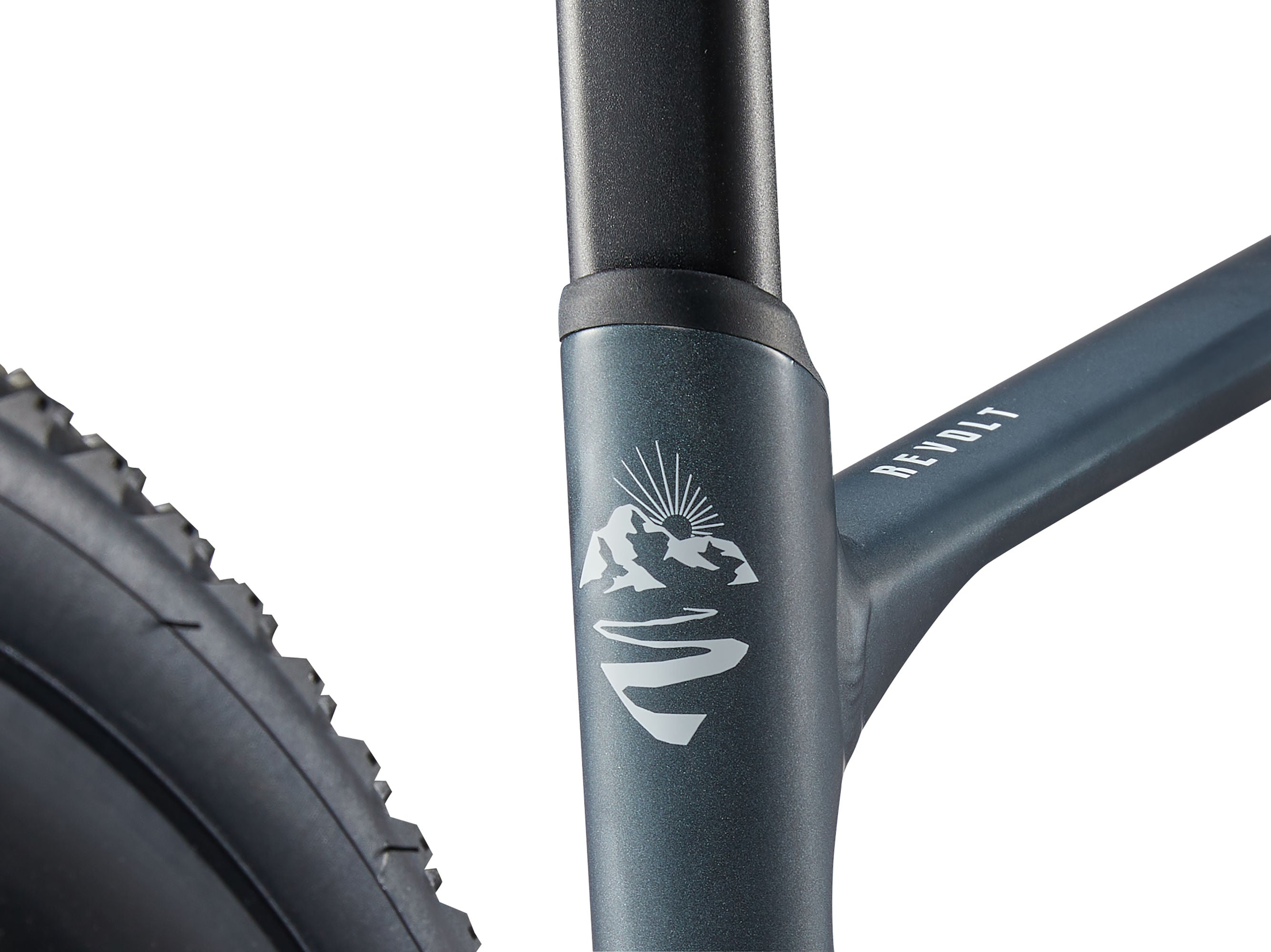 Close-up of a bicycle frame with a logo and brand name on a white background