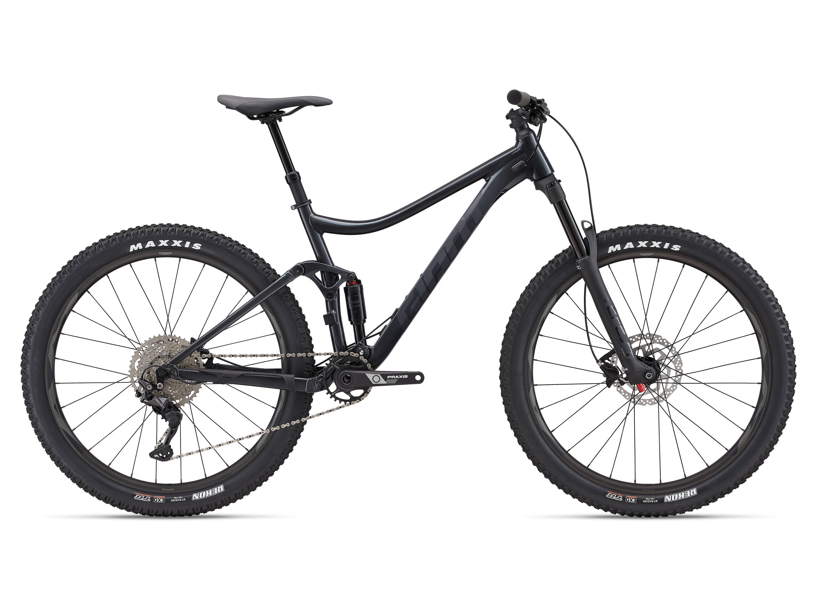 Black mountain bike with Maxxis tires on a white background