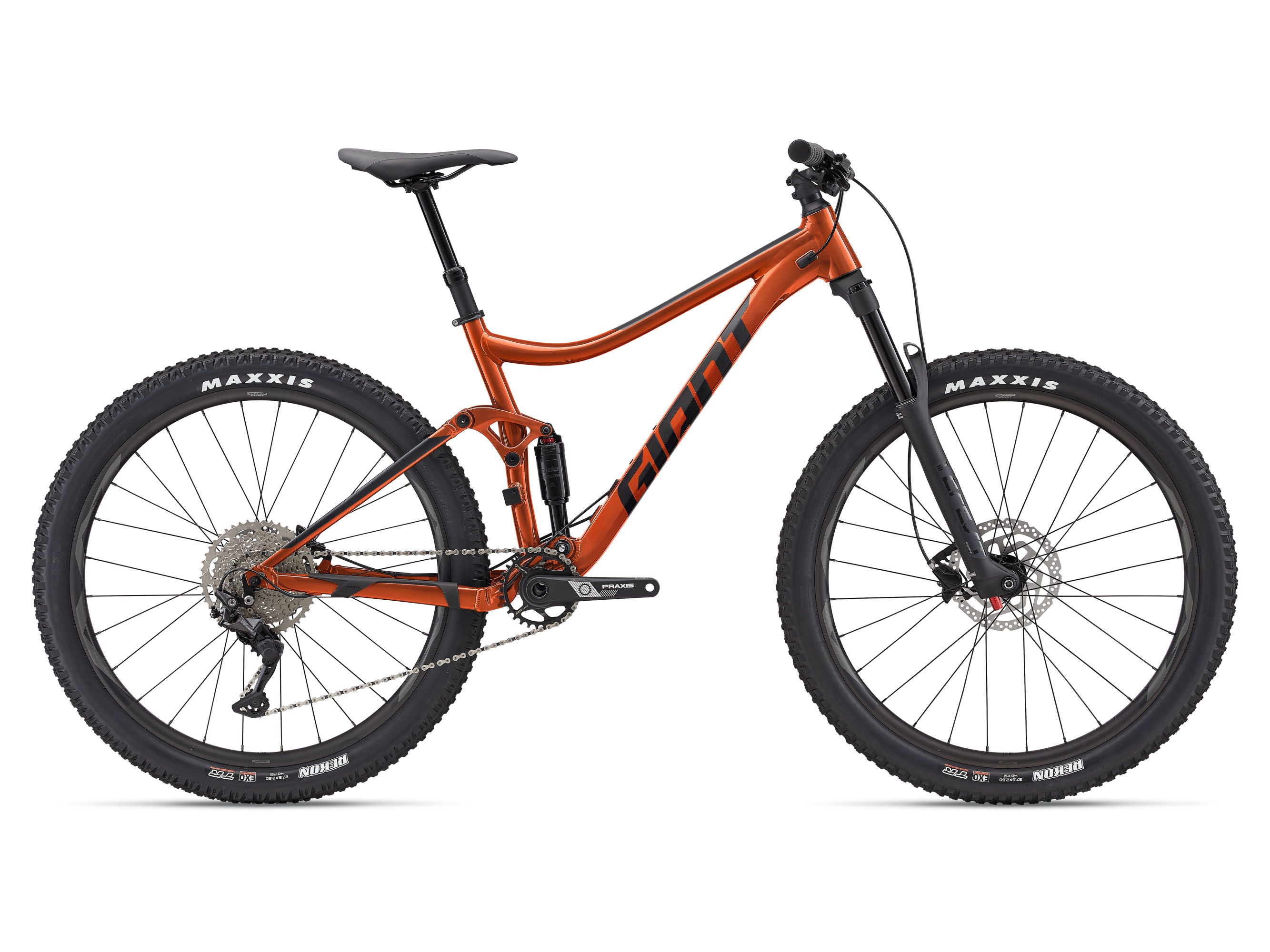 Orange mountain bike with black components on a white background
