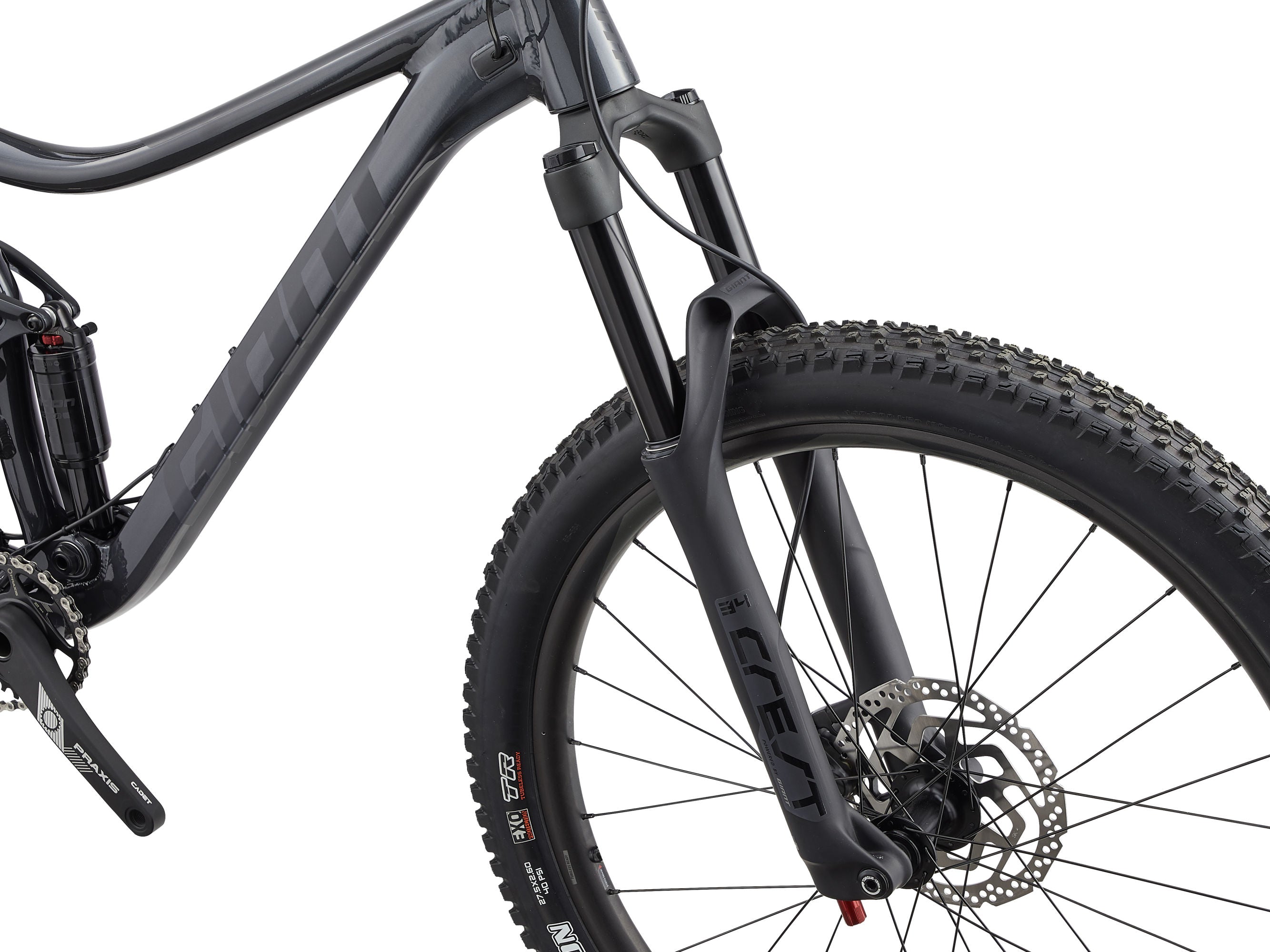 Close-up of a black bike with visible branding on a white background