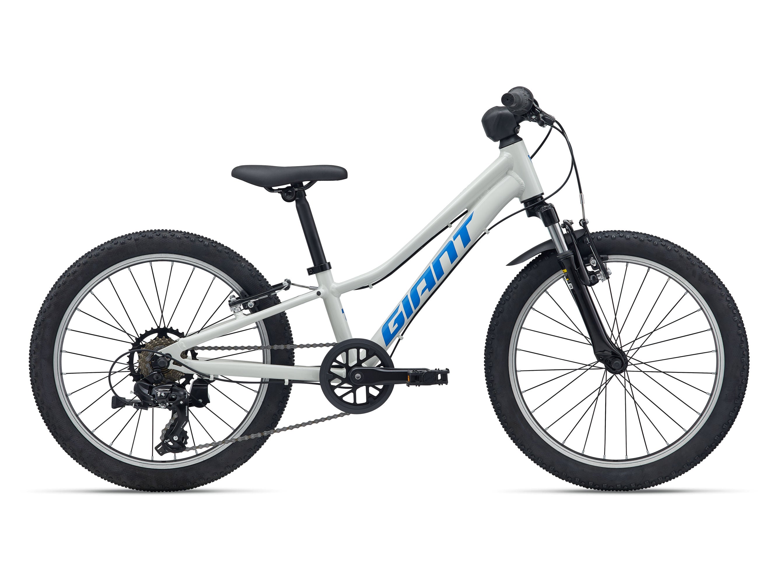 White children's bicycle with black tires and blue Giant logo on a white background