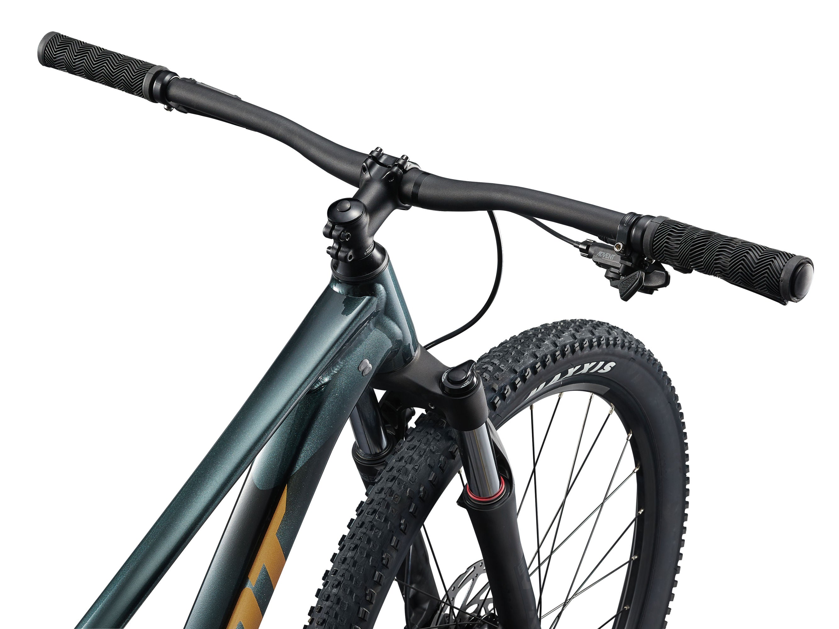 Close-up of a bicycle handlebar and front wheel on a white background