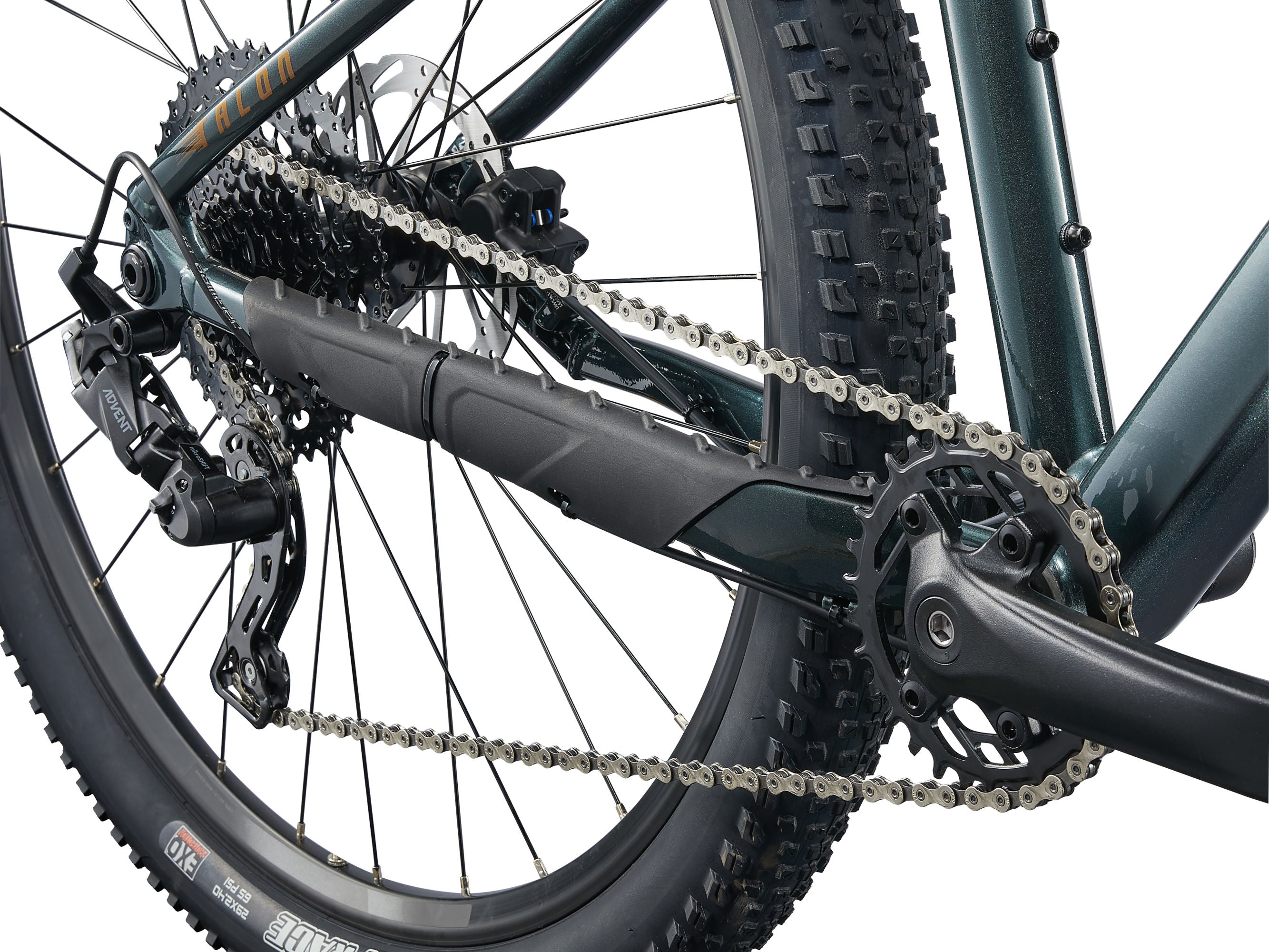 Close-up of a bicycle chain and gear system on a white background