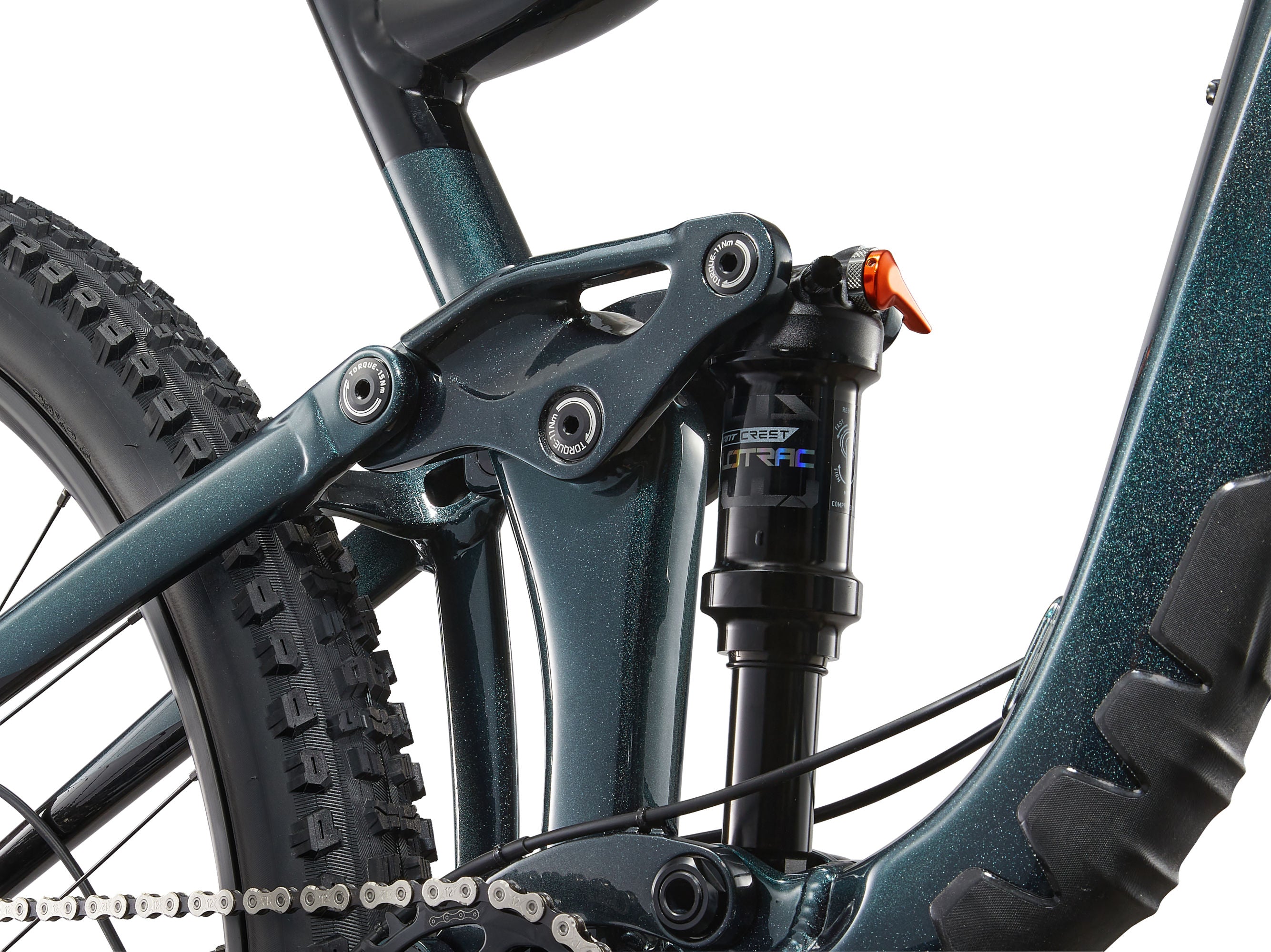 Close-up of a bicycle suspension fork on a white background