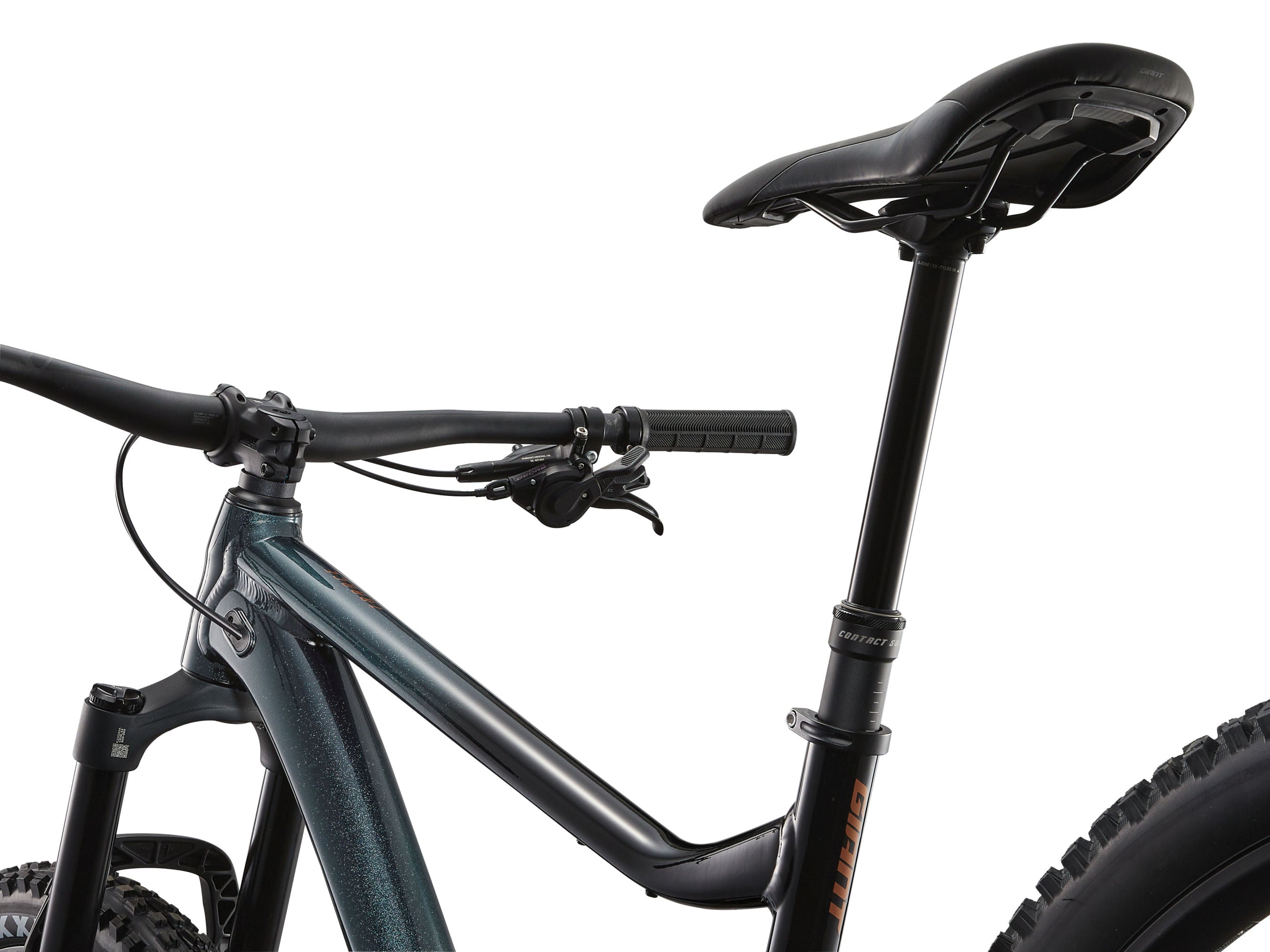 Close-up of a bicycle with a black seat and handlebars on a white background