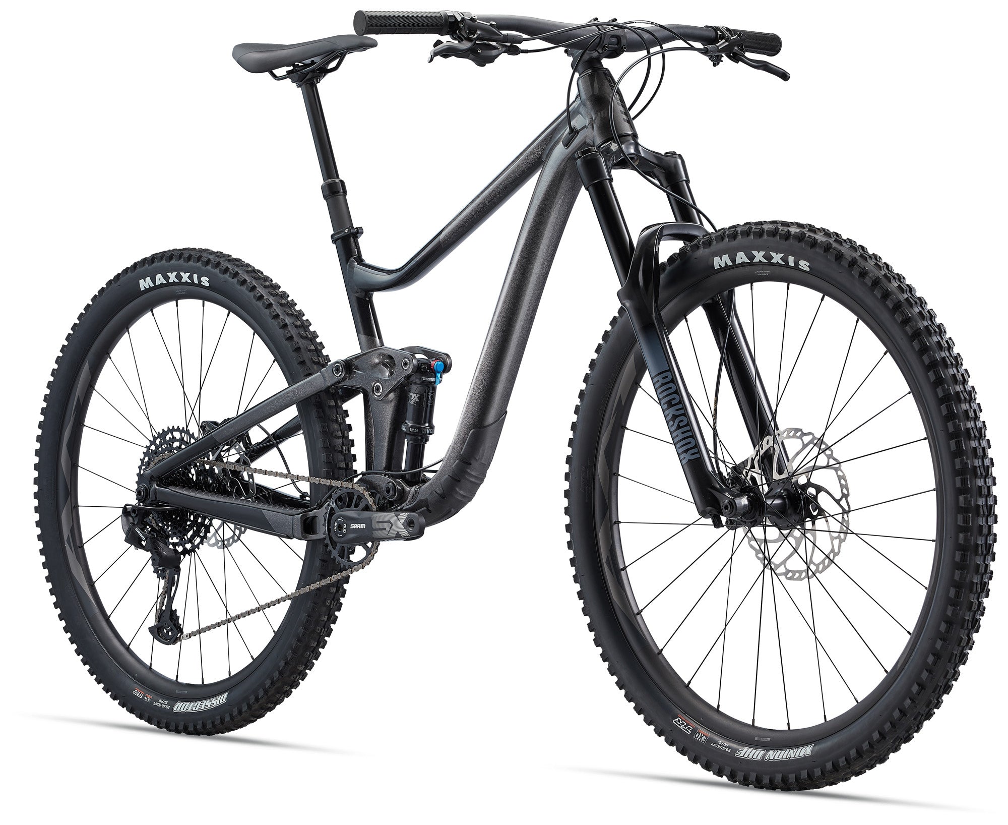 Black mountain bike with Maxxis tires on a white background