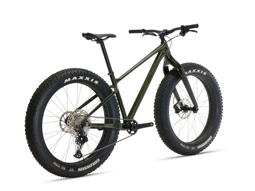 Green fat-tire bike with Maxxis tires on a white background