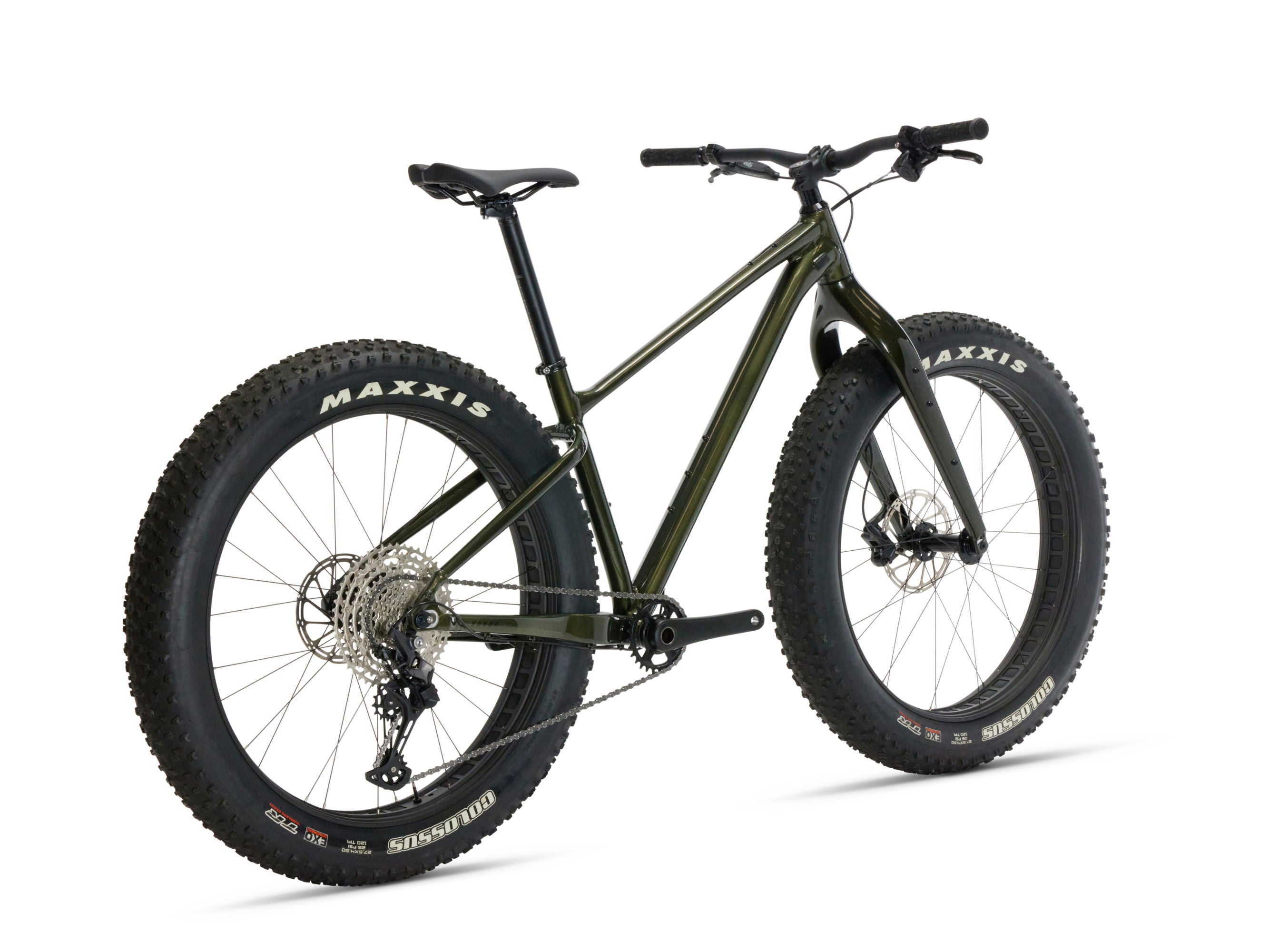 Green fat-tire bike with Maxxis tires on a white background