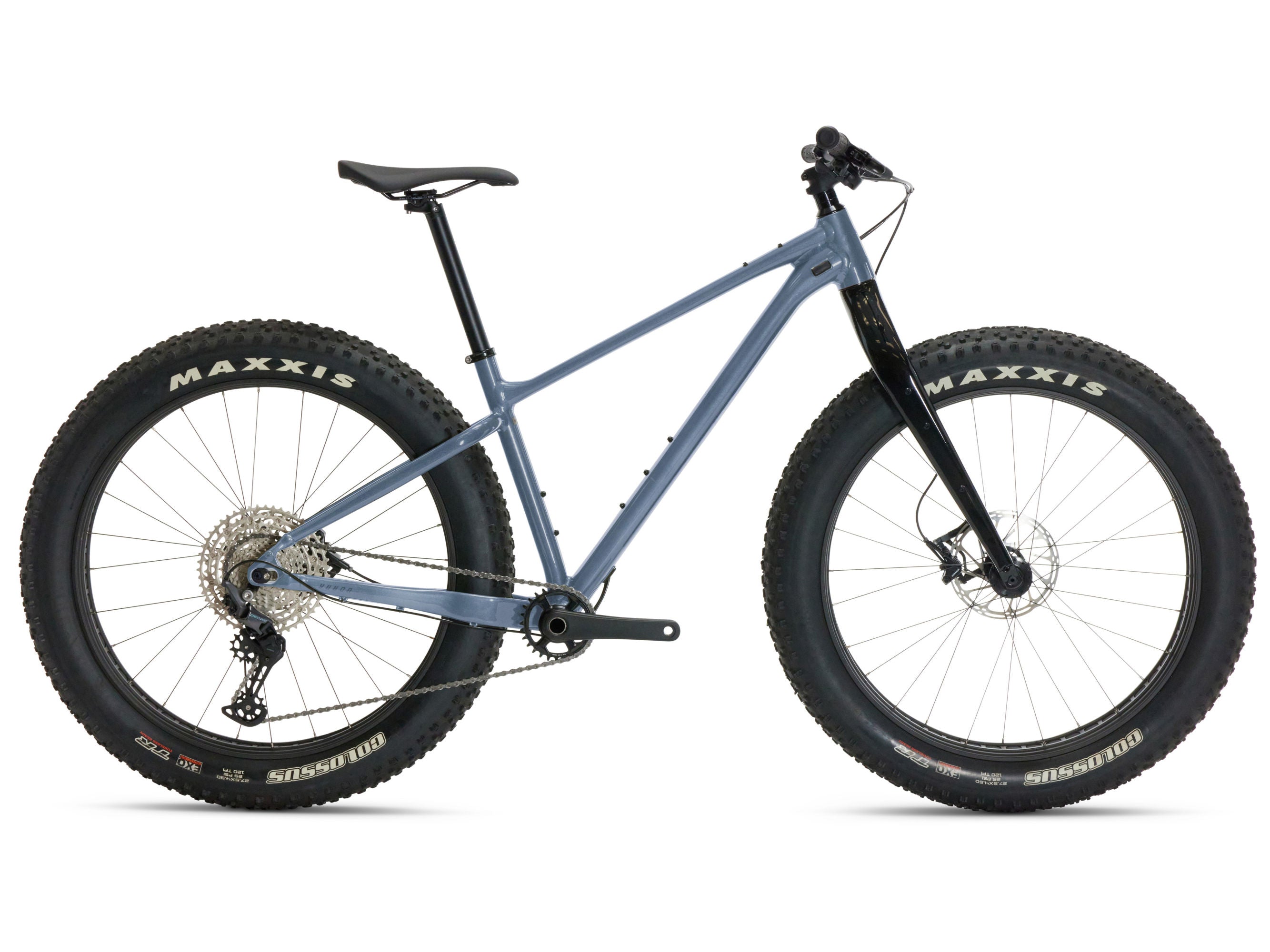 Blue fatbike with Maxxis tires on a white background