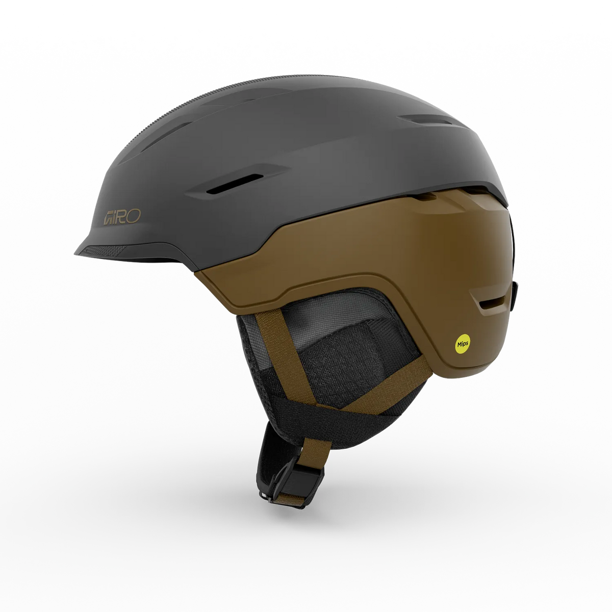 A Giro ski helmet in matte dark gray and olive brown, featuring a small yellow Mips safety sticker on the side, shown against a plain white background.