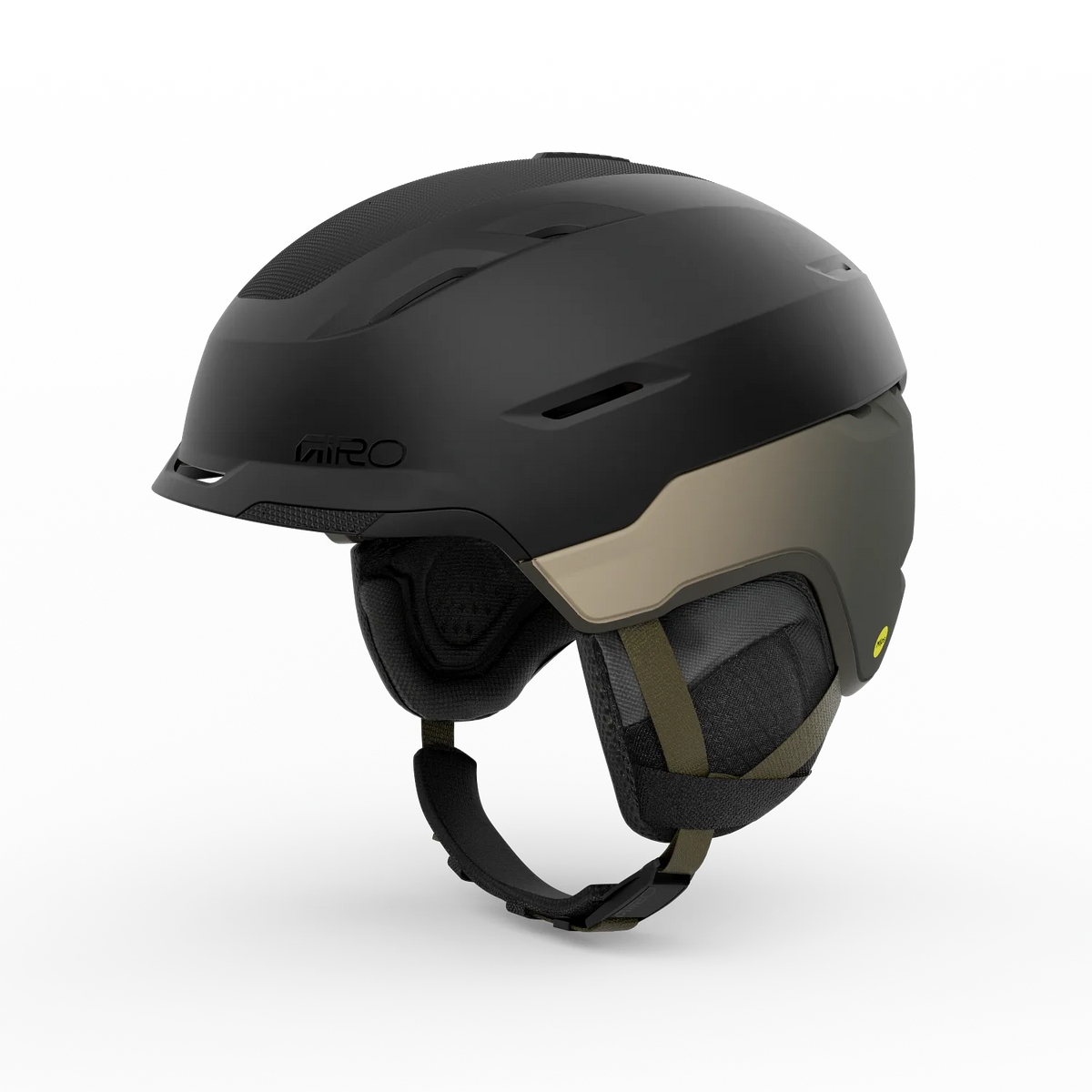 Black helmet with beige accents on a white background