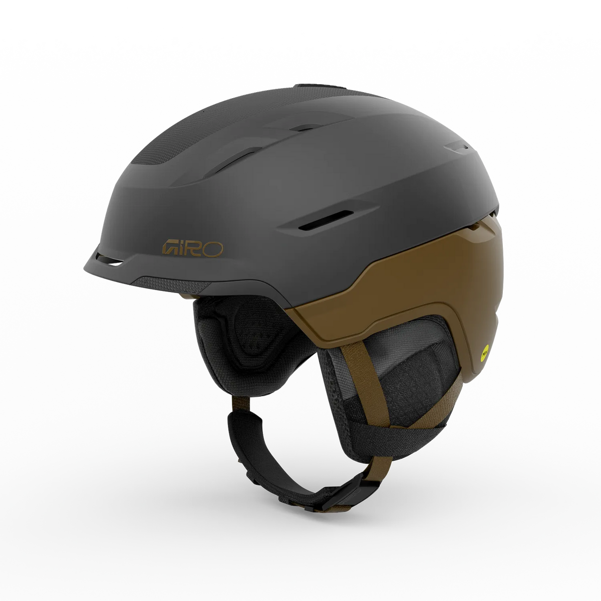 Gray and brown helmet with 'Giro' branding on a white background
