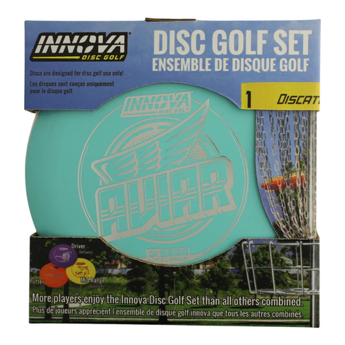 Innova disc golf set packaging with a teal disc and blue box.