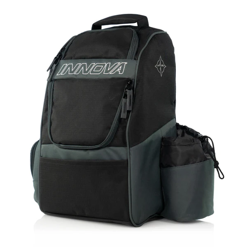 Black backpack with Innova logo on a white background
