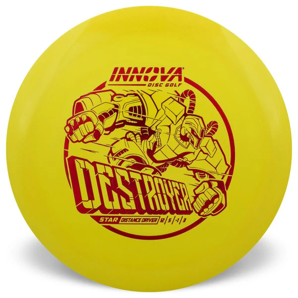 Yellow disc golf disc with red graphics and text on a white background