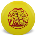 Yellow disc golf disc with red graphics and text on a white background