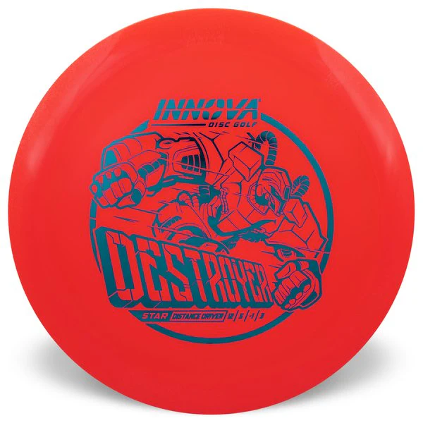 Red disc with blue graphics and text on a white background
