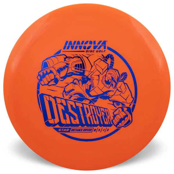 Orange disc golf disc with blue graphics and text on a white background