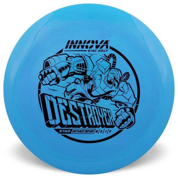 Blue disc golf disc with 'Destoyer' and 'Innova Disc Golf' branding on a white background