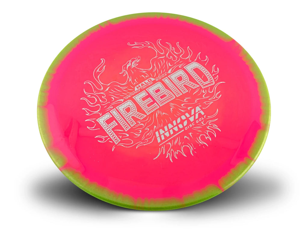 A disc golf disc from Innova Onyx, featuring a vibrant neon pink flight plate with a lime green outer rim and white foil stamp detailing.