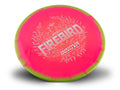 A disc golf disc from Innova Onyx, featuring a vibrant neon pink flight plate with a lime green outer rim and white foil stamp detailing.