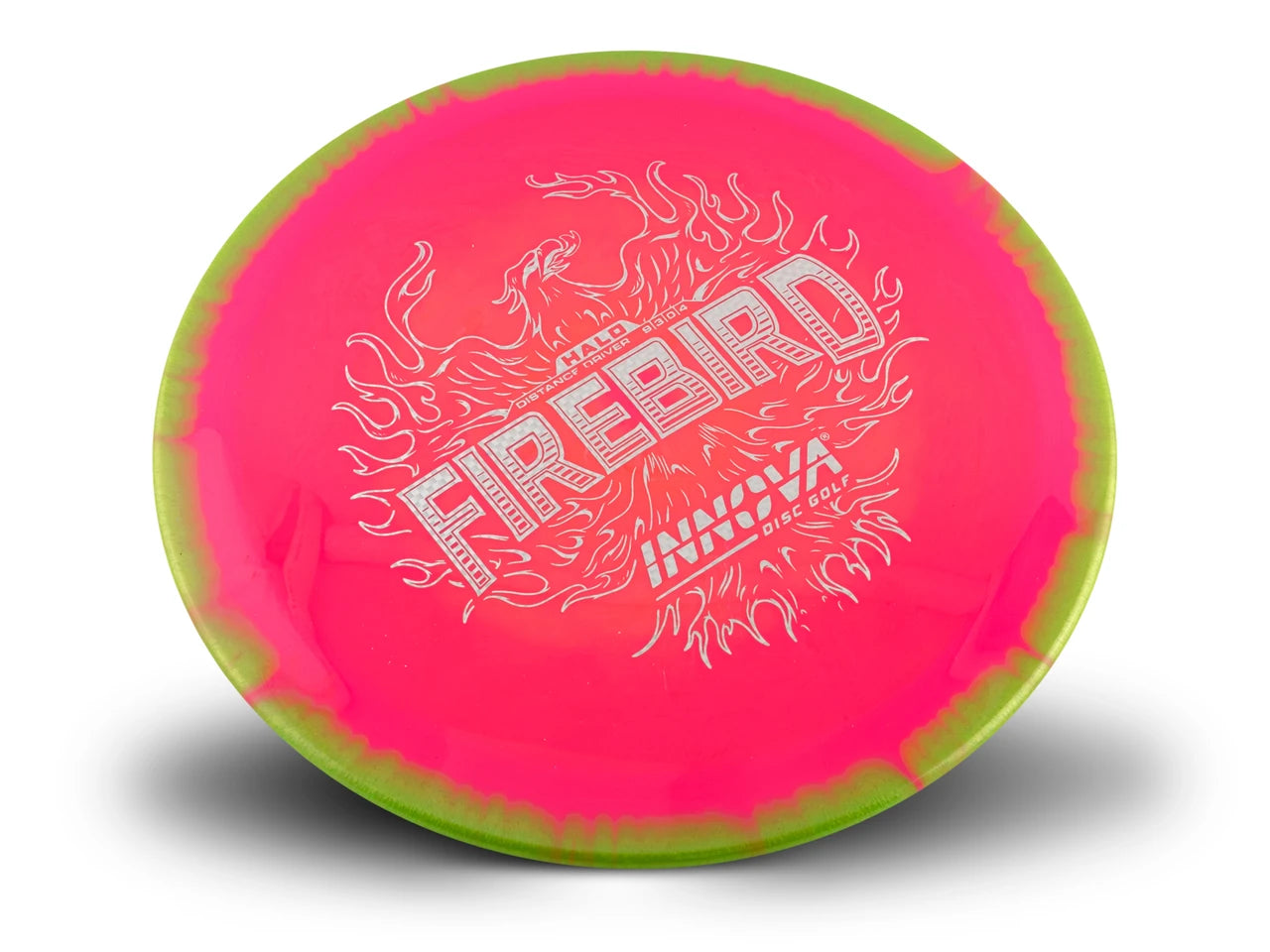 A disc golf disc from Innova Onyx, featuring a vibrant neon pink flight plate with a lime green outer rim and white foil stamp detailing.