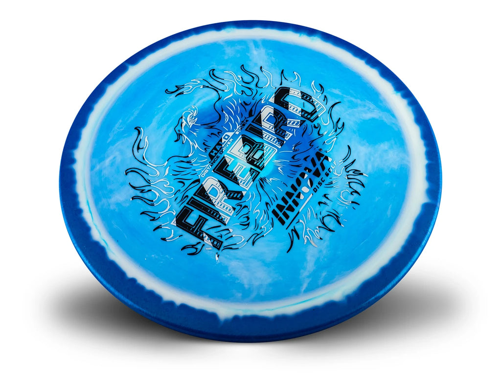 A blue disc golf disc with a white outer ring and a central black and white graphic featuring the word 'FIREBIRD' and stylized flames, shown on a white background with a soft shadow.