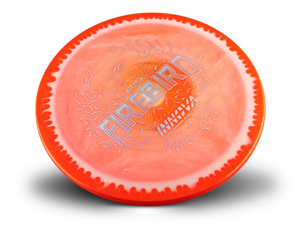 An orange and white disc golf disc with 'Firebird' and 'Innova' branding, shown on a white background with a soft shadow.