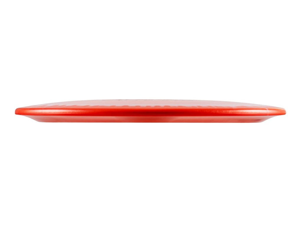 A red oval ceramic plate shown from a side profile view against a solid white background.