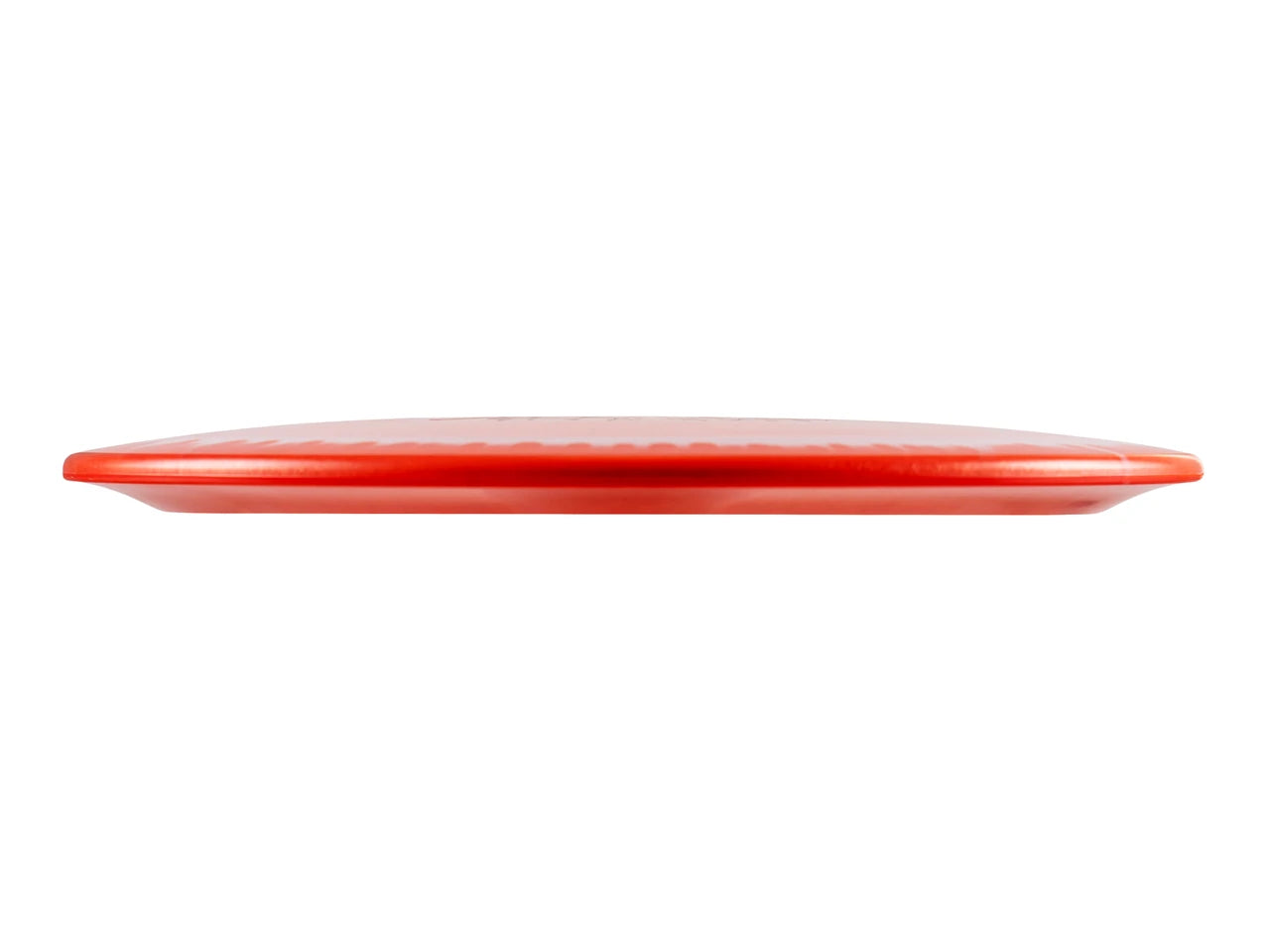 A red oval ceramic plate shown from a side profile view against a solid white background.