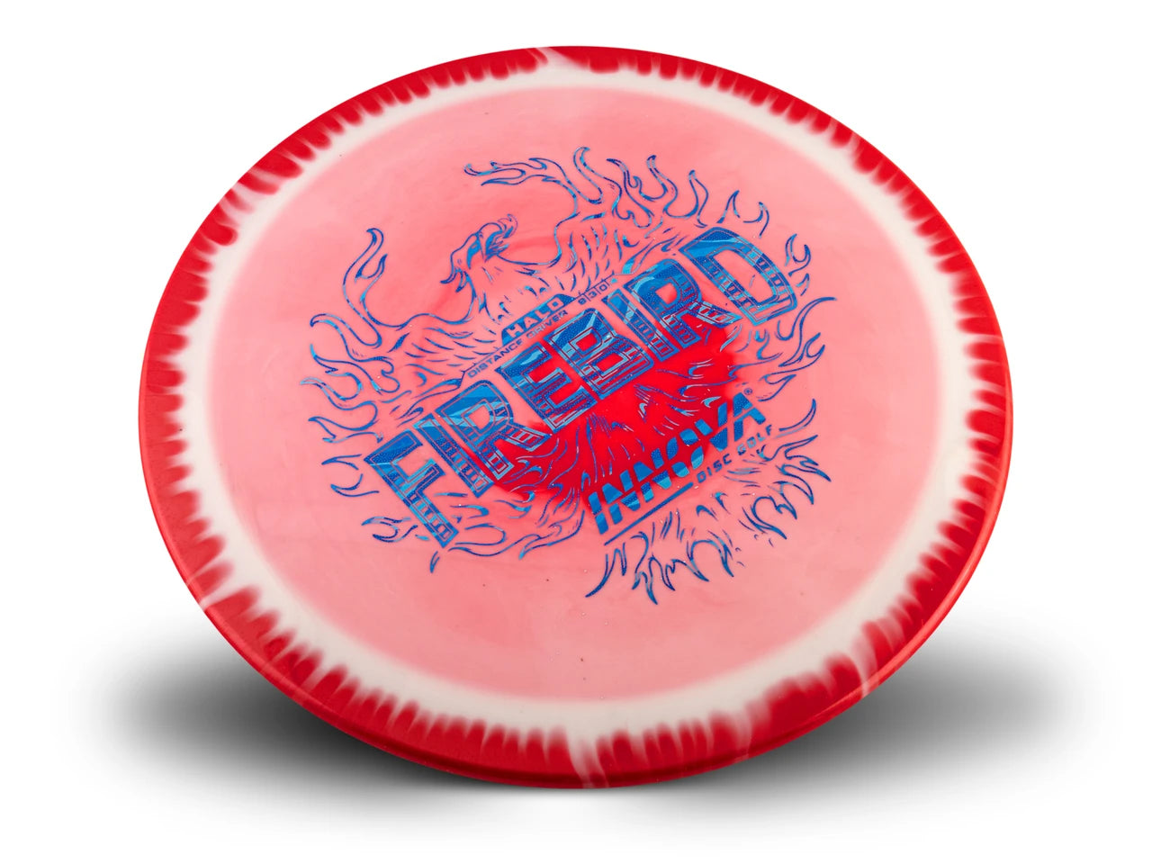 A pink disc golf disc with a red and white tie-dye rim, featuring a blue and red flame graphic with the text 'FIREBIRD'.