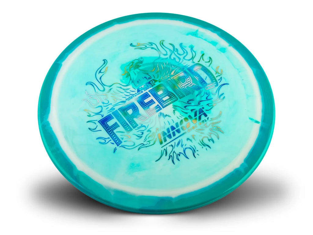 A translucent aqua disc golf disc with a white inner ring and blue/gold foil stamp featuring the text 'FIREBIRD'.