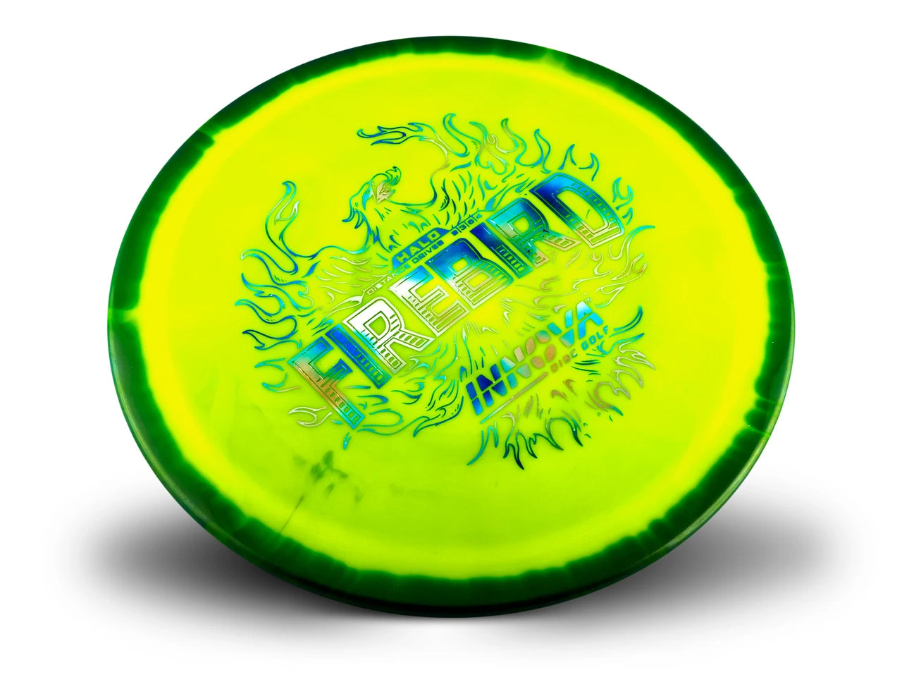 A neon yellow-green disc golf disc with a dark green rim, featuring a metallic holographic dragon graphic and the text 'FIREBIRD' on a white background.